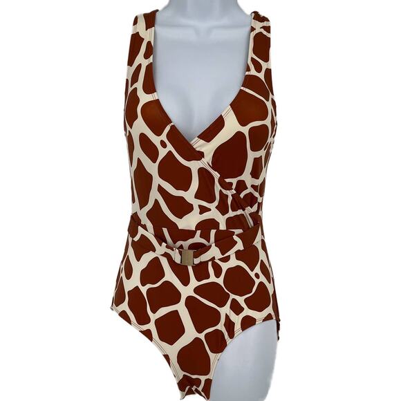 Swimsuit Atlantic Beach Animal Print Faux Belted One Piece in Brown Cream Size S - Picture 1 of 9